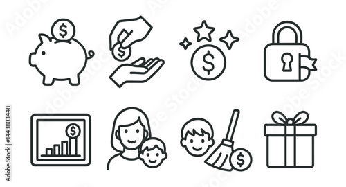 Line vector icons of child savings: piggy jar, set allowance, savings stars, lock goal, savings tracker, parental view, chore-to-earn, gift icon.