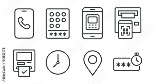 Line vector icons of cardless ATM: phone icon, code entry, mobile access, ATM scan, withdrawal approval, time limit, location tag, one-time PIN.