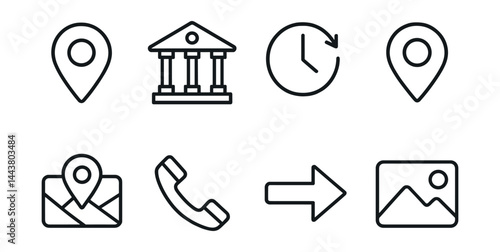 Line vector icons of bank branch finder: location pin, bank icon, open hours, nearest branch, map preview, call branch, directions icon, branch photo.