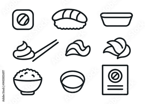 Line vector icons of sushi menu: sushi roll, nigiri piece, soy sauce dish, chopsticks, wasabi blob, pickled ginger, rice bowl, sushi menu.