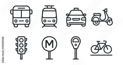 Line vector icons of city transportation: bus icon, metro train, taxi cab, scooter, traffic light, subway sign, parking meter, bike lane.