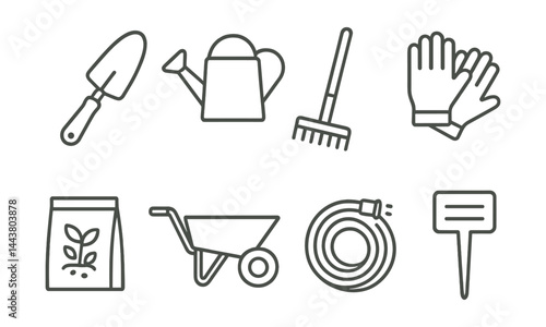 Line vector icons of gardening tools: trowel icon, watering can, rake icon, gardening gloves, seed packet, wheelbarrow, garden hose, plant label.
