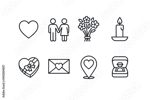 Line vector icons of romantic moments: heart icon, couple holding hands, flower bouquet, candlelight, chocolate box, love letter, date location, ring box.