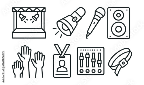 Line vector icons of musical concert: stage icon, spotlight, microphone, speaker box, crowd hands, backstage pass, soundboard, festival wristband.