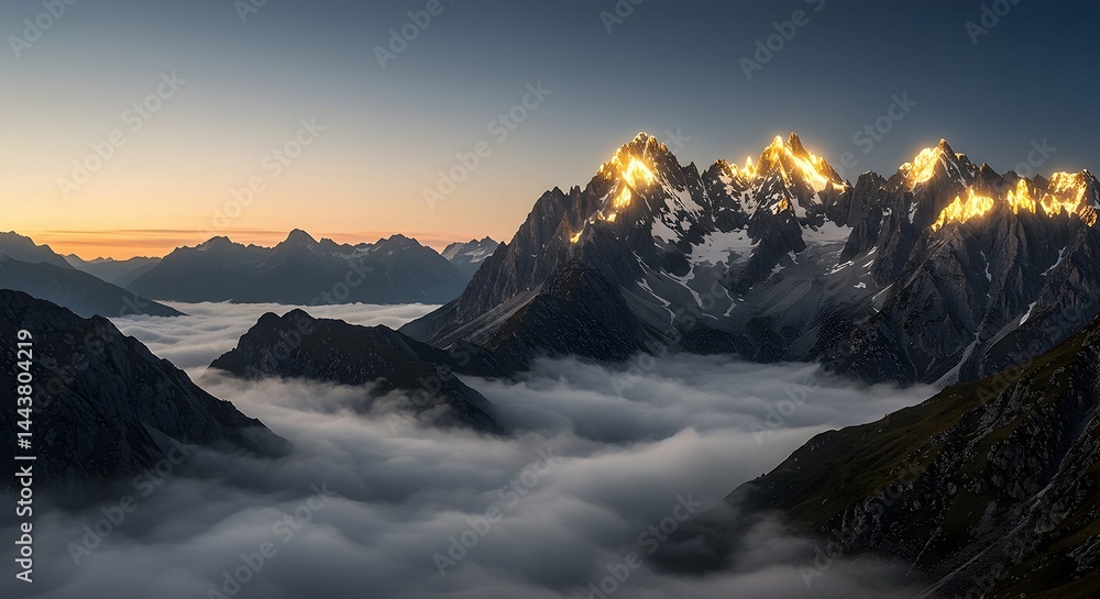 Mountains Above the Clouds at Sunrise Golden Light on Peaks Mountains Above the Clouds at Sunrise Golden Light on Peaks
