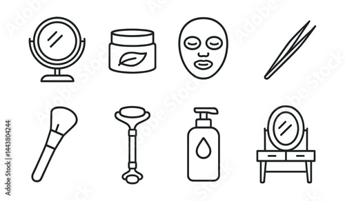 Line vector icons of beauty routine: mirror icon, moisturizer jar, face mask, tweezers, makeup brush, face roller, cleanser pump, vanity table.