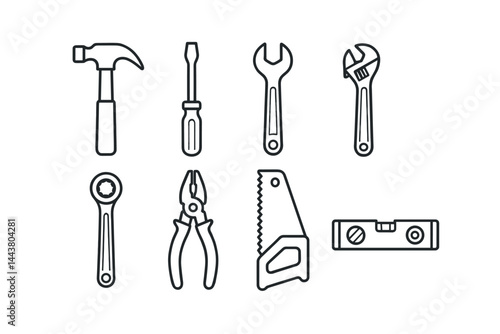 Line style icons of hand tools: hammer, screwdriver, wrench, adjustable wrench, ratchet wrench, pliers, handsaw, level.
