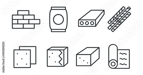 Line vector icons of construction materials: brick, cement bag, concrete slab, rebar, insulation board, thermal panel, foam block, waterproof sheet.