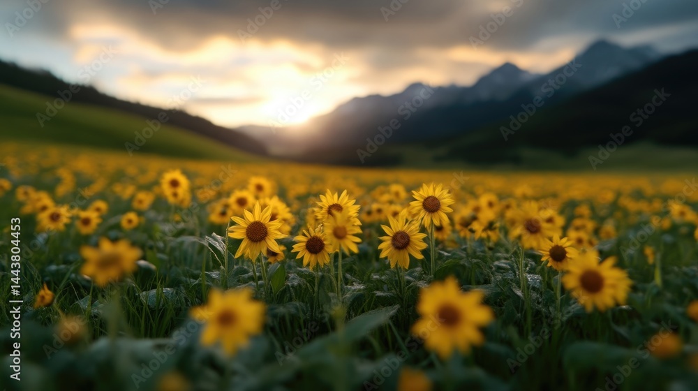Fototapeta premium Golden sunflower field at sunrise, mountain backdrop