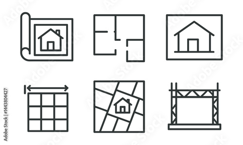 Line style icons of house building plans: blueprint, floor plan, elevation, section drawing, dimensions, grid lines, plot map, structural drawing.