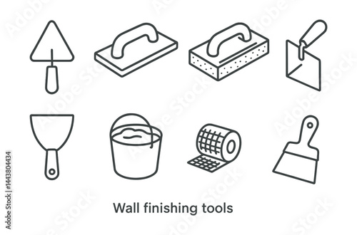 Line vector icons of wall finishing tools: trowel, smoothing tool, sponge float, corner trowel, joint knife, bucket of plaster, tape mesh, scraper.