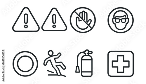 Line style icons of construction safety signs: caution sign, danger triangle, restricted zone, protective gear required, no entry, slippery surface, fire extinguisher, first aid.