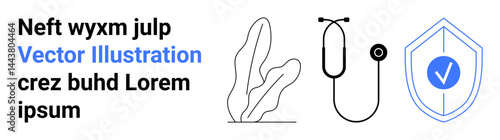 Text block next to plant, stethoscope, and shield with checkmark. Ideal for healthcare, safety, wellness, medical services, environmental care, branding simple landing page