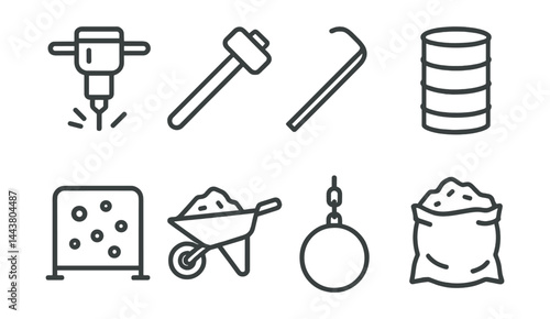 Line style icons of demolition equipment: jackhammer, sledgehammer, demolition bar, debris chute, dust shield, wheelbarrow, wrecking ball, rubble bag.