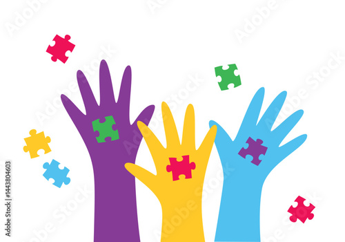 Colorful hands and jigsaw puzzle pieces on them. Banner template for World Autism Awareness Day. Flat style vector illustration