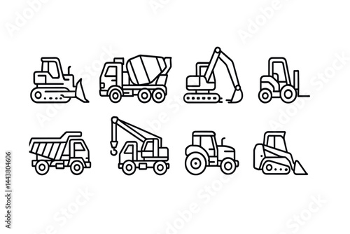 Line vector icons of construction vehicles: bulldozer, cement mixer truck, excavator, forklift, dump truck, mobile crane, roller compactor, skid steer.