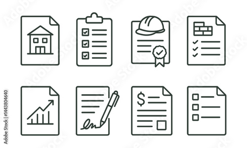 Line style icons of construction documentation: building permit, inspection checklist, safety certificate, materials list, progress report, contract, quote form, punch list.