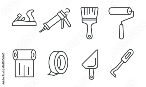 Line vector icons of finishing tools: edge trimmer, sealant gun, finishing brush, foam roller, masking film, painter’s tape, corner applicator, bucket lid opener.