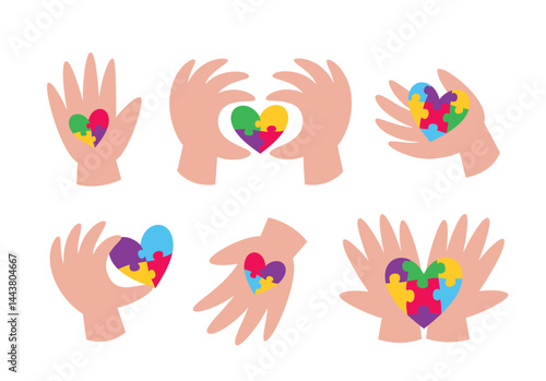 Set of hands in various gestures holding hearts with jigsaw puzzle pattern. Vector illustrations set for World Autism Awareness Day