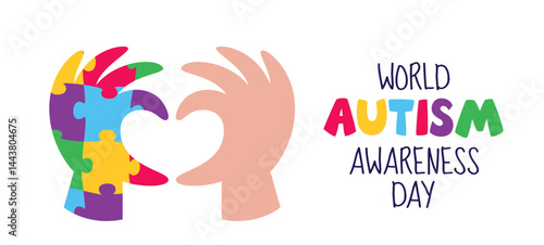 Horizontal banner with hands in a heart gesture for World Autism Awareness Day. Vector illustration web banner design