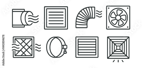 Line style icons of ventilation systems: air duct, ventilation grill, flexible hose, exhaust fan, air filter, duct clamp, wall vent, diffuser.