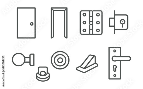 Line style icons of door installation: door leaf, door frame, hinges, latch, door knob, peephole, doorstop, lockset.