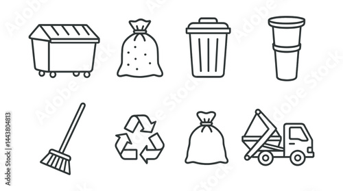 Line vector icons of waste management: dumpster, rubble sack, dust bin, debris chute, broom, recycling symbol, waste bag, skip loader.