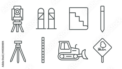 Line style icons of site preparation: land survey tool, boundary markers, excavation plan, stake, leveling tripod, measuring rod, bulldozer, clearing sign.