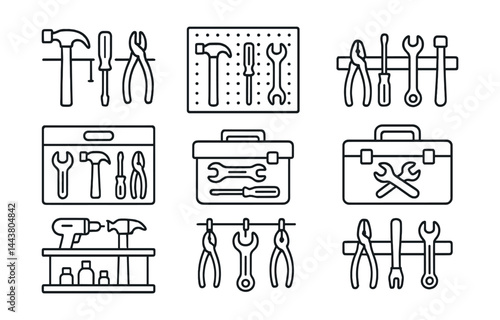 Line style icons of tool organization: tool wall, pegboard, labeled drawer, tool rack, toolbox, shelf system, hanging hooks, magnetic strip.