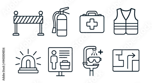 Line style icons of site safety: safety barrier, fire extinguisher, emergency kit, warning vest, hazard light, safety instruction board, eyewash station, evacuation plan.