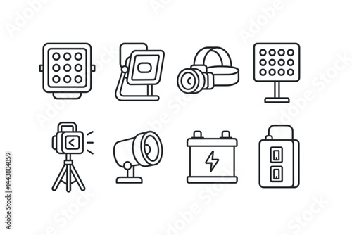 Line vector icons of lighting setup: floodlight, construction lamp, headlamp, LED panel, tripod light, spotlight, battery pack, switch box.