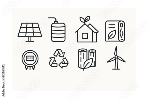 Line style icons of green building: solar panel, rainwater tank, green roof, eco insulation, energy meter, recycled materials, sustainable wood, wind turbine.