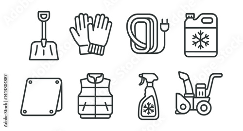 Line style icons of winter construction: snow shovel, insulated gloves, heating cable, antifreeze additive, tarp cover, thermal vest, de-icer, snow blower.