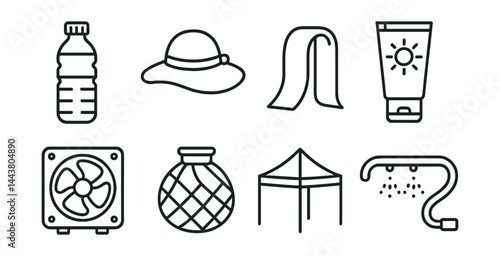 Line style icons of summer construction: water bottle, sun hat, cooling towel, sunscreen tube, ventilation fan, ice pack, shade tent, misting hose.