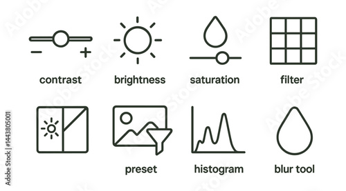 Line style icons of photo filters: contrast slider, brightness icon, saturation control, filter grid, before/after icon, preset, histogram, blur tool.