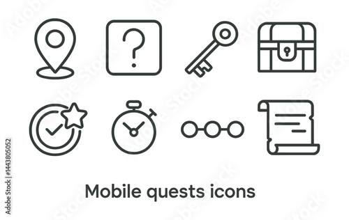 Line vector icons of mobile quests: map marker, riddle icon, key item, reward chest, completed badge, time limit, step progress, clue scroll.