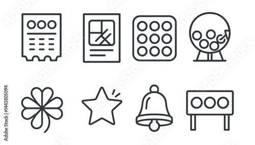 Line vector icons of lottery elements: lottery ticket, scratch card, numbers grid, draw machine, lucky clover, winning star, jackpot bell, result board.