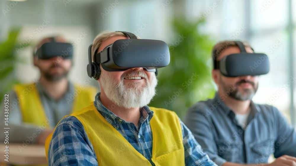 Virtual reality headset experience with senior man group enjoying technology and immersive Virtual reality headset experience with senior man group enjoying technology and immersive