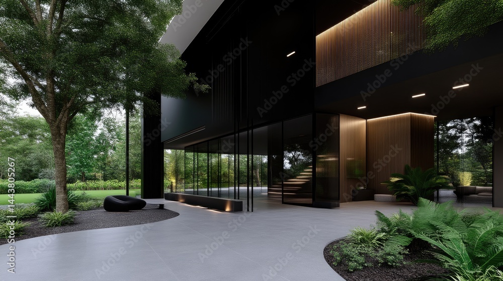 Fototapeta premium Modern, minimalist home exterior with a large glass facade and lush landscaping. The black exterior contrasts with the greenery and light-grey paved area.
