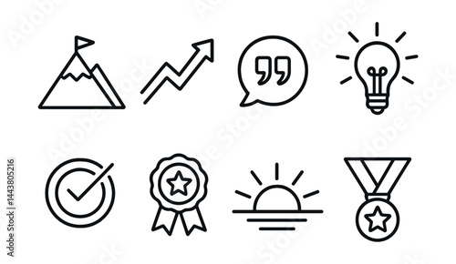 Line style icons of motivation symbols: mountain peak, rising arrow, quote bubble, light ray, goal check, encouragement badge, sunrise, success medal.