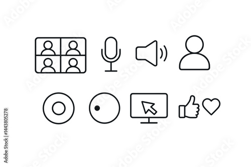 Line style icons of video conferencing: grid view, mic icon, speaker, participant icon, record button, live status, screen share, reaction icons.