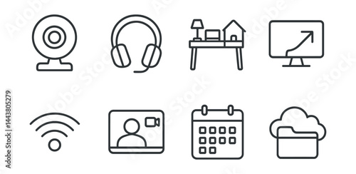 Line vector icons of remote work tools: webcam, headphones, home desk, screen share icon, wifi signal, video call, calendar invite, cloud folder.