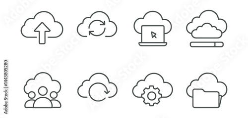 Line style icons of cloud services: cloud upload, file sync, remote access, storage bar, team cloud, auto backup, cloud settings, cloud folder.