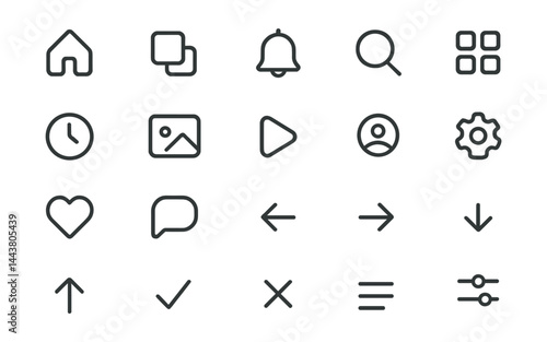 Line vector icons of minimalist UI: simple icons, clean layout, no clutter, white space, smooth corners, mono stroke, grid spacing, intuitive shapes.
