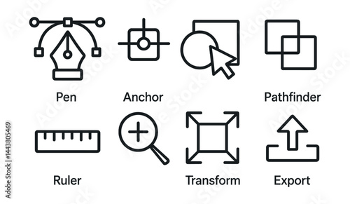Line style icons of creative toolsets: pen tool, anchor point, shape builder, pathfinder, ruler, zoom icon, transform tool, export symbol.