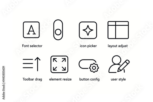 Line vector icons of UI customization: font selector, theme toggle, icon picker, layout adjust, toolbar drag, element resize, button config, user style.