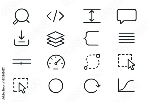 Line style icons of developer handoff tools: inspect icon, code snippet, spacing lines, design to code, export assets, layer icon, CSS Line style icons of UI animation: timeline bar, transition speed