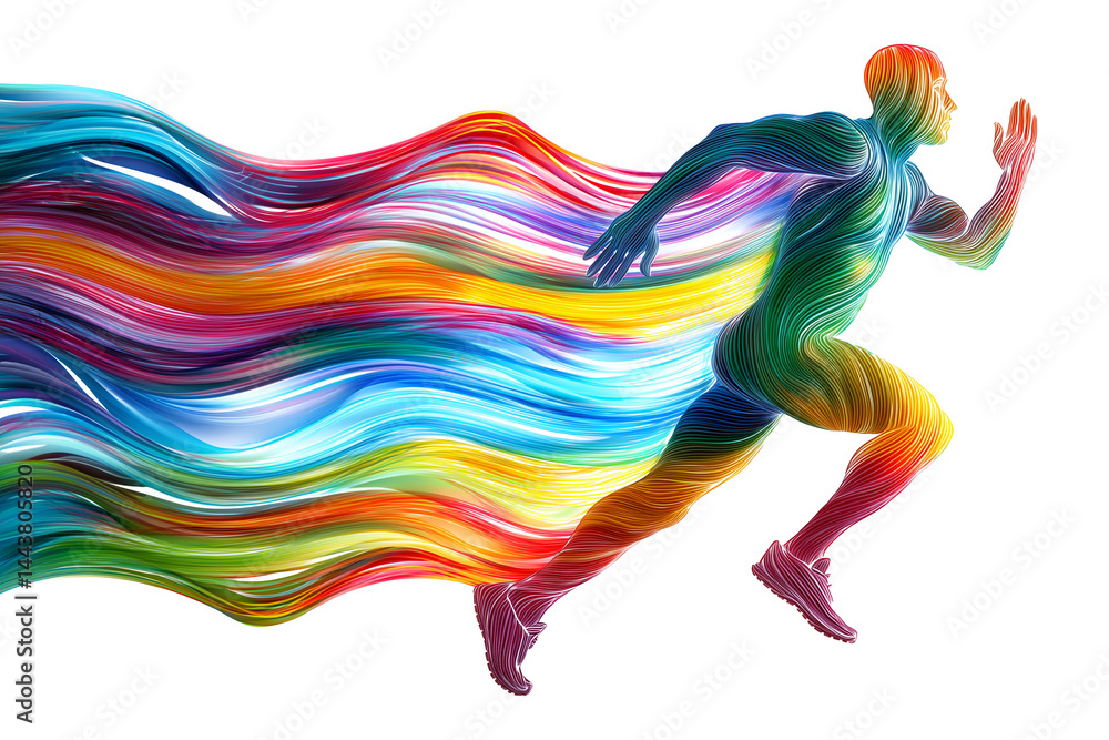 Obraz premium Dynamic energy flow: Colorful stylized human figure in motion, ideal for fitness and abstract concepts.