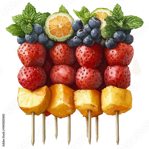 Mixed Fruit Skewers With Mint Garnish, vector watercolor illustration, isolated on a white background.