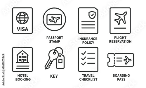 Line vector icons of travel essentials: passport, plane ticket, suitcase, backpack, map, compass, GPS navigator, airplane.